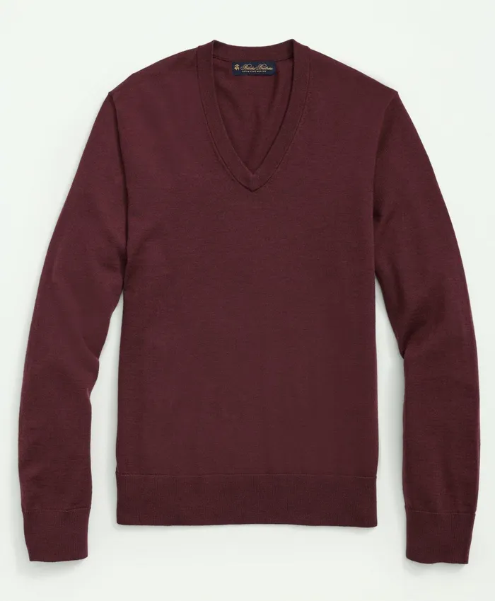Men Fine Merino Wool VNeck Sweater Burgundy Brooks Brothers Sweaters