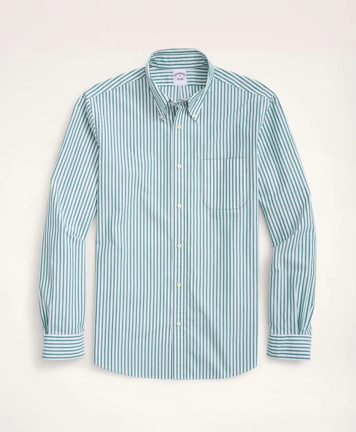 Men Friday Shirt Poplin Bengal Stripe Green Brooks Brothers Sport Shirts