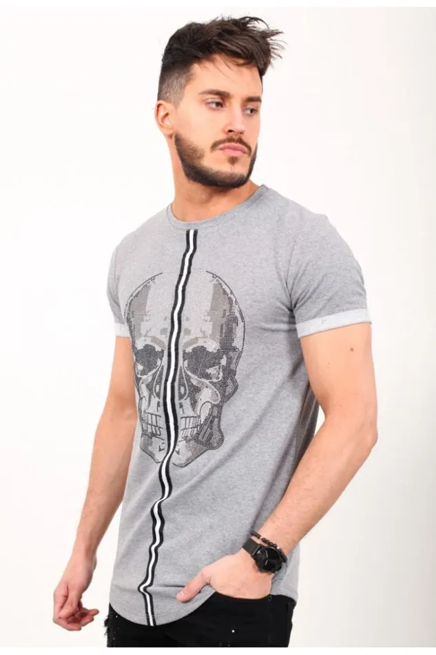 Men Grey Rhinestone Skull TShirt Brentiny Paris TShirts