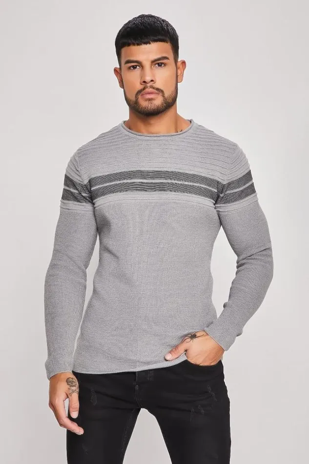 Men Grey Sweater With Black Stripes Grey Brentiny Paris Sweatshirts and Pullovers