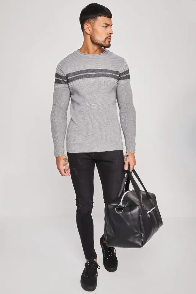 Men Grey Sweater With Black Stripes Grey Brentiny Paris Sweatshirts and Pullovers