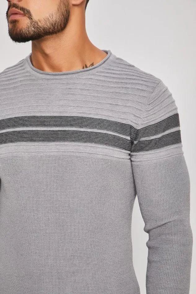 Men Grey Sweater With Black Stripes Grey Brentiny Paris Sweatshirts and Pullovers
