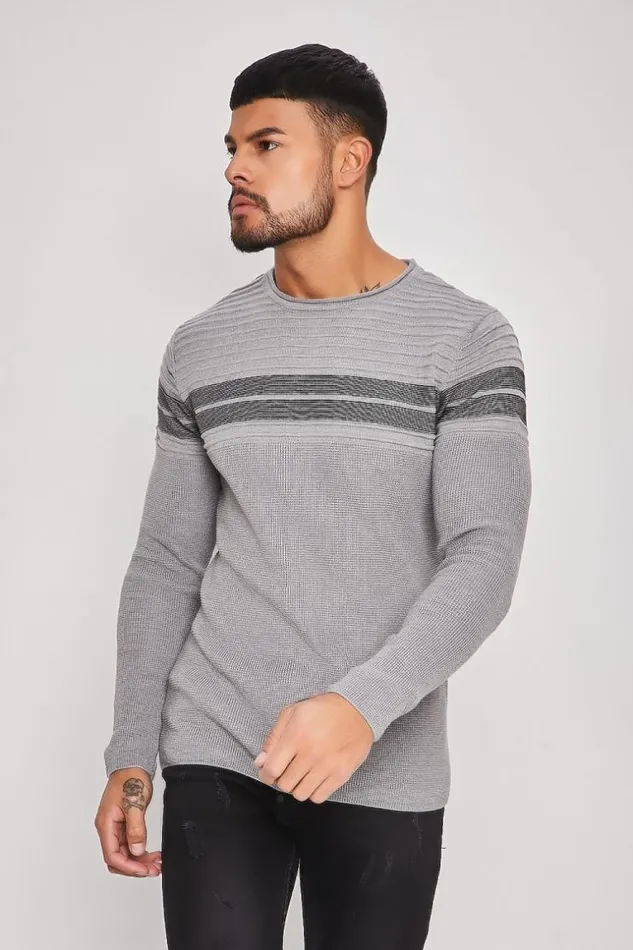 Men Grey Sweater With Black Stripes Grey Brentiny Paris Sweatshirts and Pullovers