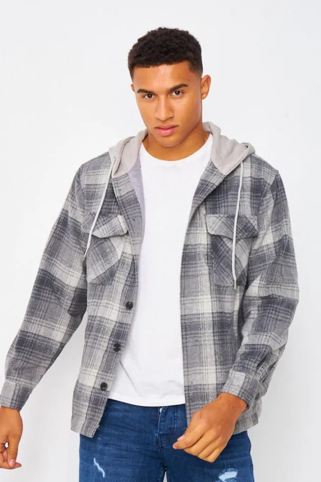 Men Hooded Overshirt In Grey Check Grey Brentiny Paris Jackets