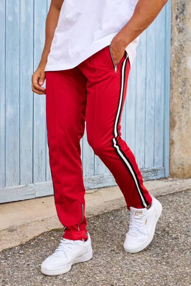 Men Jogging Bandes Latrales Fermetures clair Rouge Red Brentiny Paris Jogging Bottoms