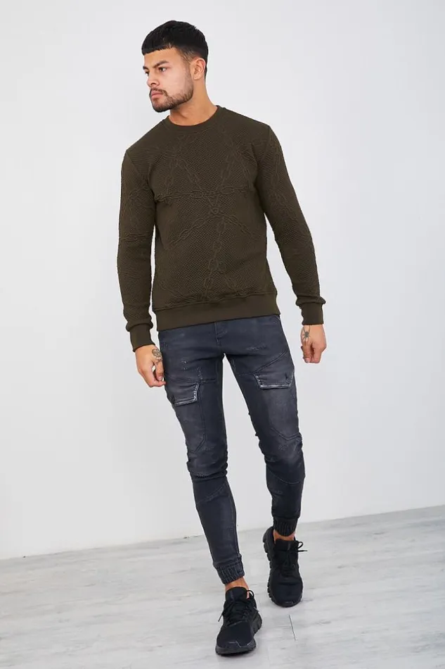 Men Khaki Sweatshirt With Embossed Chains Green Brentiny Paris Sweatshirts and Pullovers