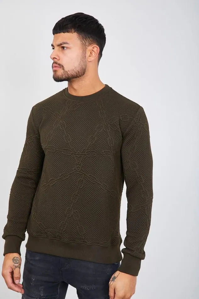 Men Khaki Sweatshirt With Embossed Chains Green Brentiny Paris Sweatshirts and Pullovers