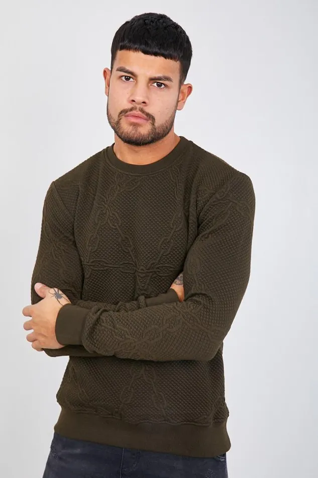 Men Khaki Sweatshirt With Embossed Chains Green Brentiny Paris Sweatshirts and Pullovers