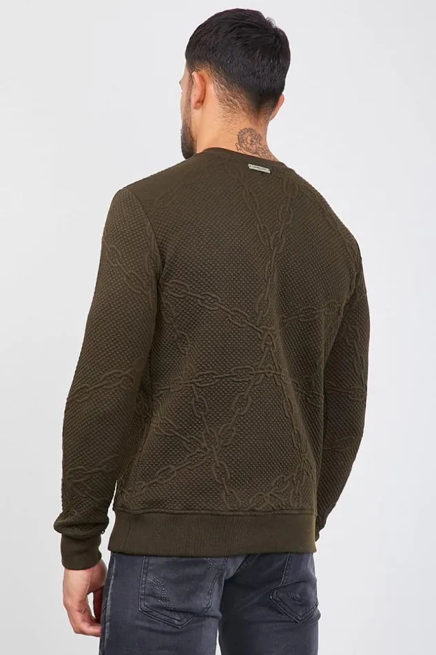 Men Khaki Sweatshirt With Embossed Chains Green Brentiny Paris Sweatshirts and Pullovers
