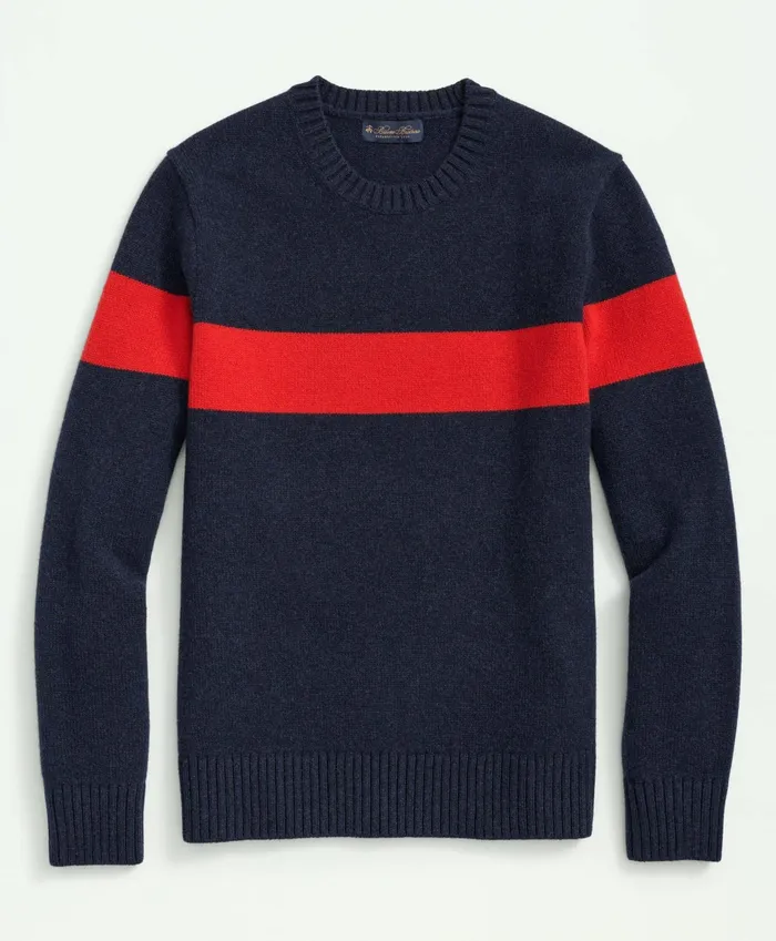 Men Lambswool Crewneck Chest Striped Sweater Navy Multi Brooks Brothers Sweaters