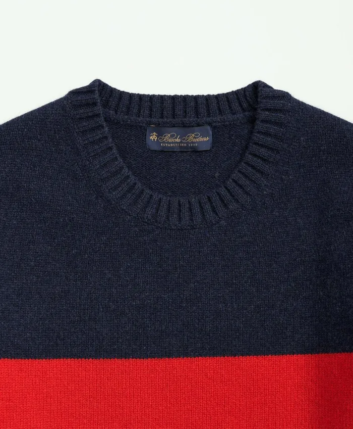 Men Lambswool Crewneck Chest Striped Sweater Navy Multi Brooks Brothers Sweaters