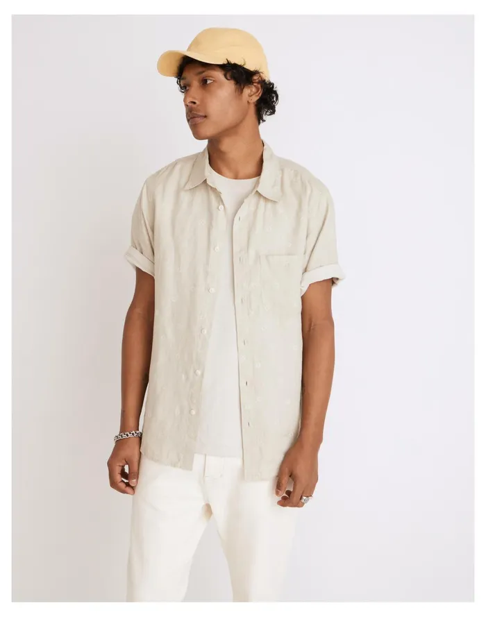 Men Linen Perfect Short Sleeve Shirt In Stripe Sunfaded Sage Madewell Shirts