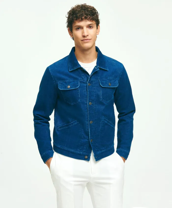 Men Medium Wale Corduroy Indigo Trucker Jacket Indigo Brooks Brothers Coats and Jackets