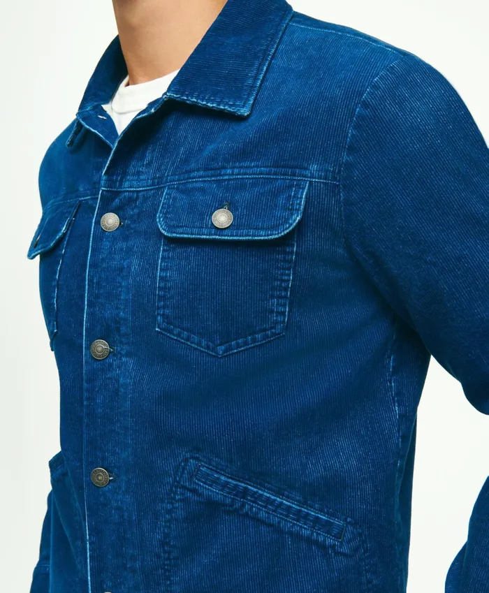 Men Medium Wale Corduroy Indigo Trucker Jacket Indigo Brooks Brothers Coats and Jackets