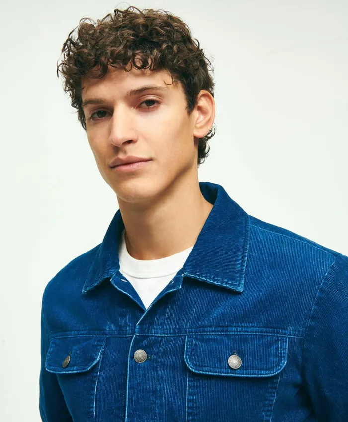 Men Medium Wale Corduroy Indigo Trucker Jacket Indigo Brooks Brothers Coats and Jackets