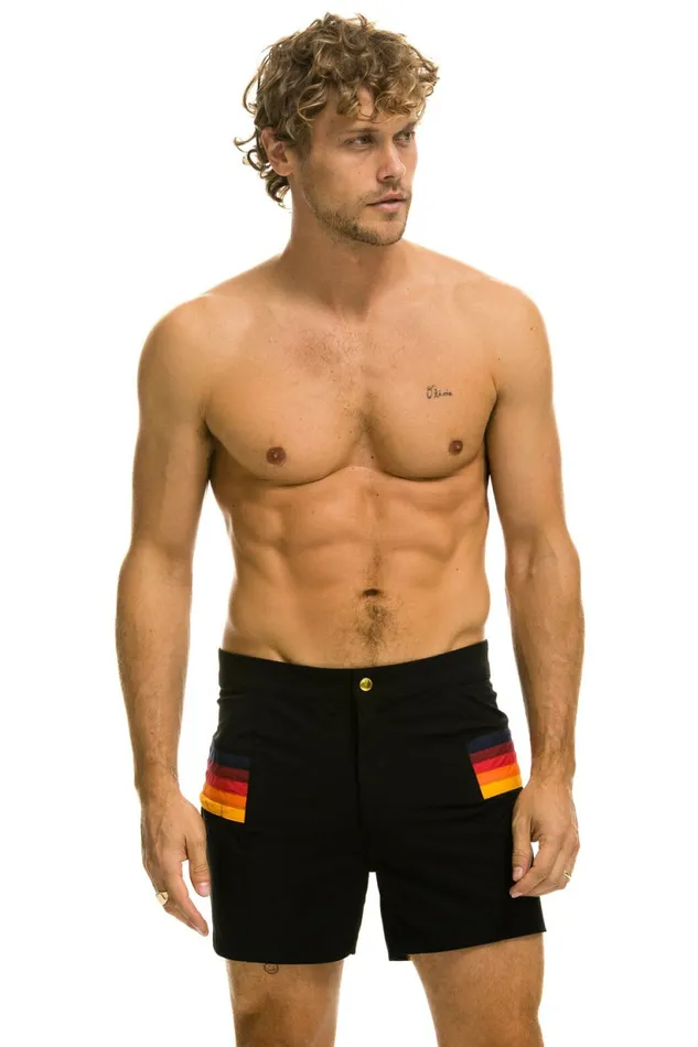 Men MEN039S HORIZONTAL 5 STRIPE FLEX SHORTS 8211 BLACK Aviator Nation Shorts