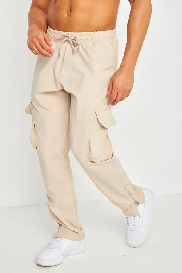 Men Pantalon Cargo Beige Coupe Droite Dtail Zip Aux Chevilles Brentiny Paris Pants
