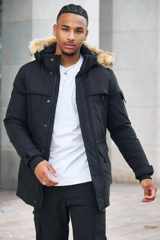 Men Parka BiMatire Noire Capuche En Fourrure Black Brentiny Paris Parkas And Down Jackets