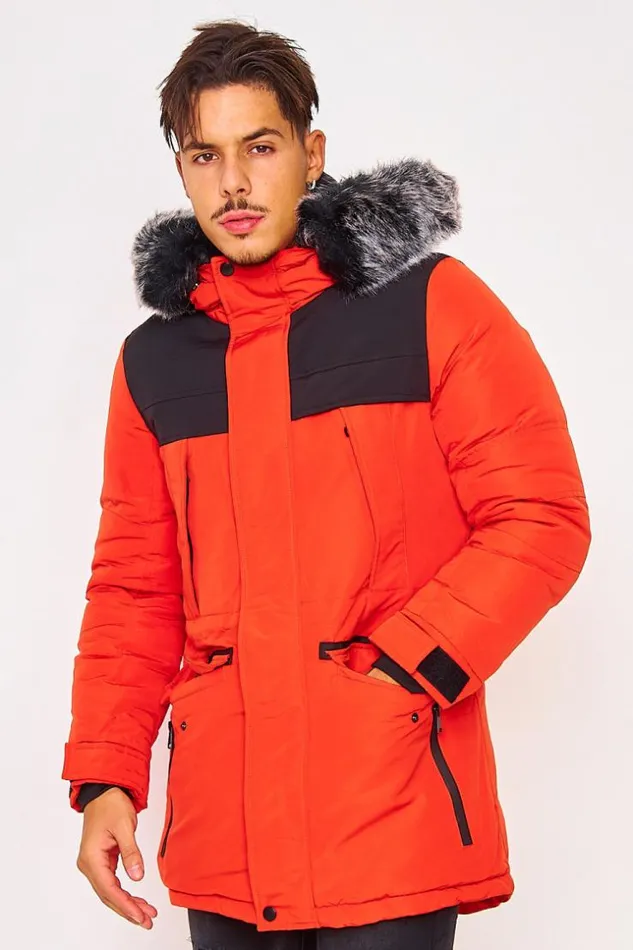 Men Parka With Faux Fur Trim Hood In Orange And Black Orange Brentiny Paris Parkas And Down Jackets