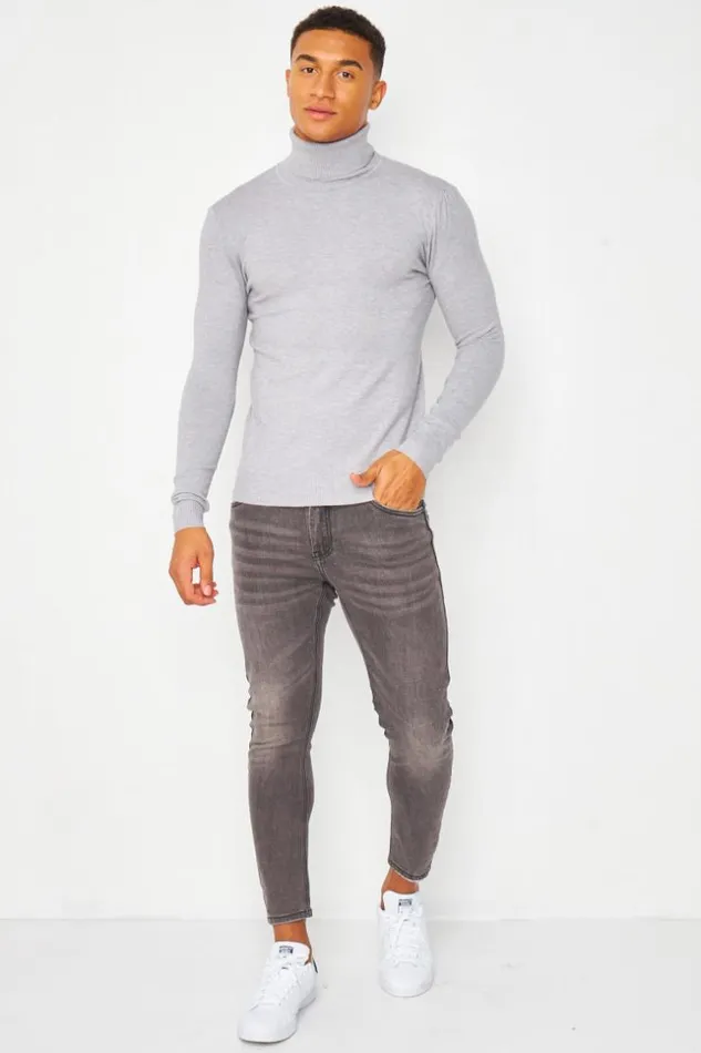 Men Plain Roll Neck Jumper In Grey Grey Brentiny Paris Sweatshirts and Pullovers