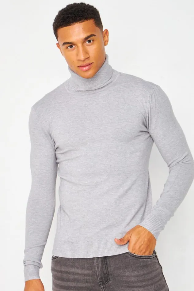 Men Plain Roll Neck Jumper In Grey Grey Brentiny Paris Sweatshirts and Pullovers