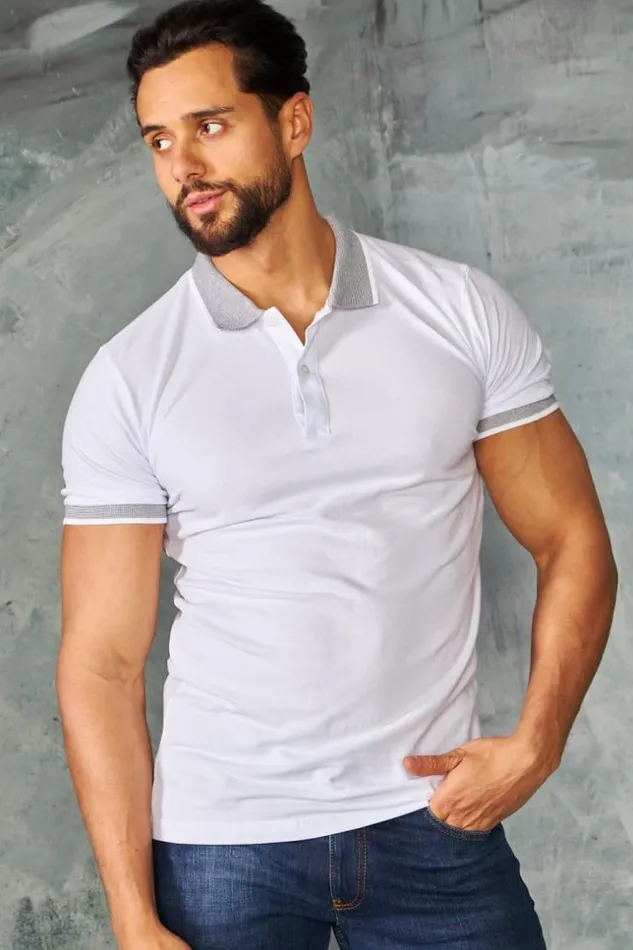 Men Polo Blanc Col Mao Rayures White Brentiny Paris Polo Shirts
