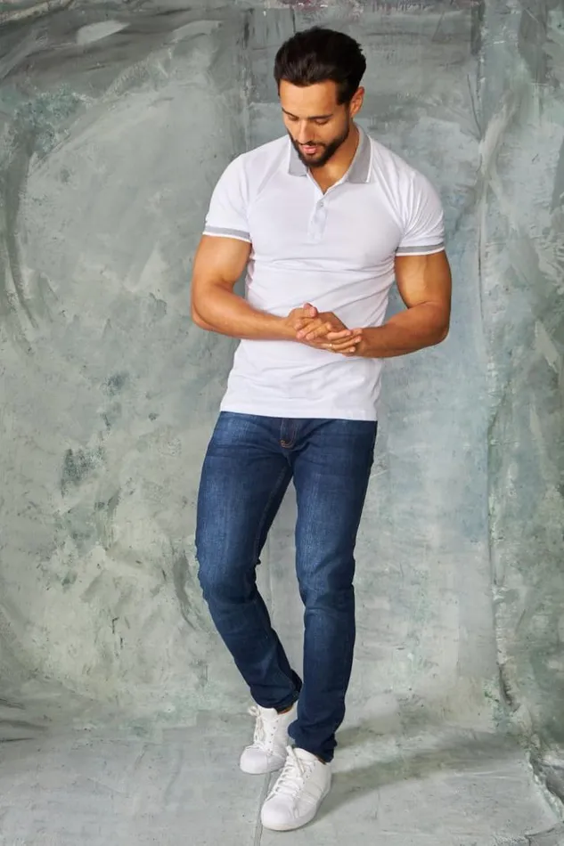 Men Polo Blanc Col Mao Rayures White Brentiny Paris Polo Shirts