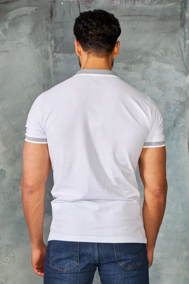 Men Polo Blanc Col Mao Rayures White Brentiny Paris Polo Shirts