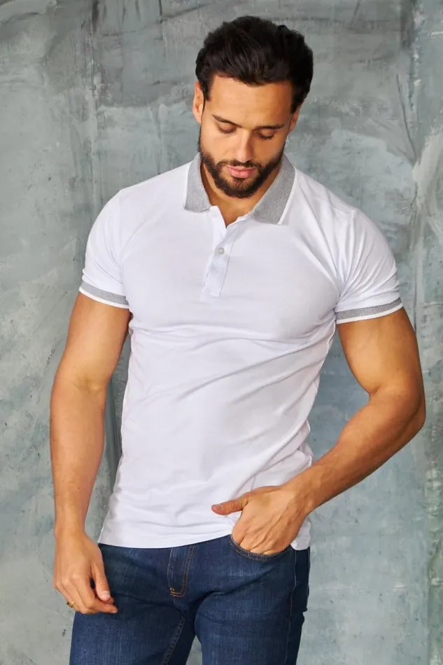 Men Polo Blanc Col Mao Rayures White Brentiny Paris Polo Shirts
