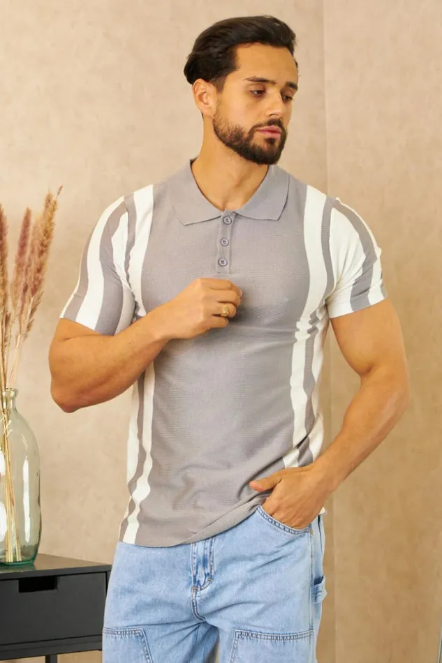Men Polo Gris Rayures Grey Brentiny Paris Polo Shirts