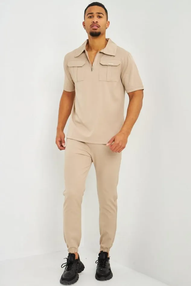 Men Polo Uni Beige Col Zipp Poches Beige Brentiny Paris Polo Shirts