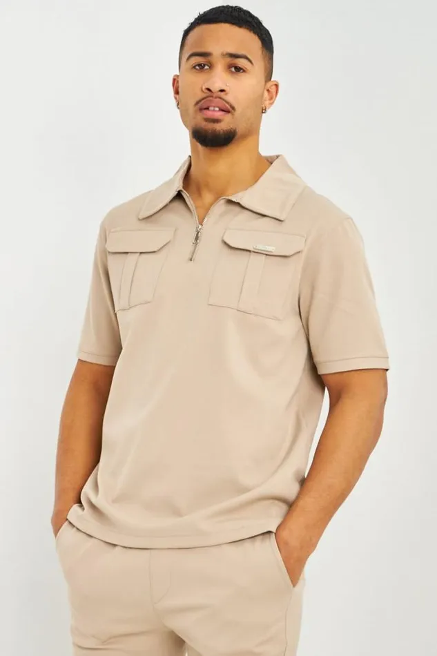 Men Polo Uni Beige Col Zipp Poches Beige Brentiny Paris Polo Shirts