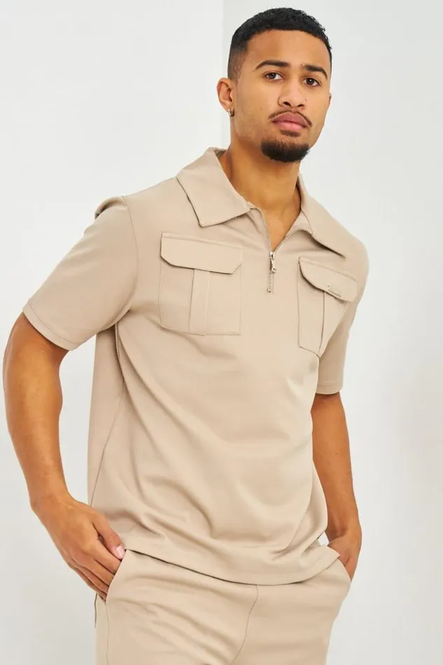Men Polo Uni Beige Col Zipp Poches Beige Brentiny Paris Polo Shirts