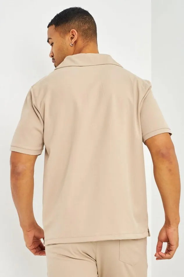 Men Polo Uni Beige Col Zipp Poches Beige Brentiny Paris Polo Shirts