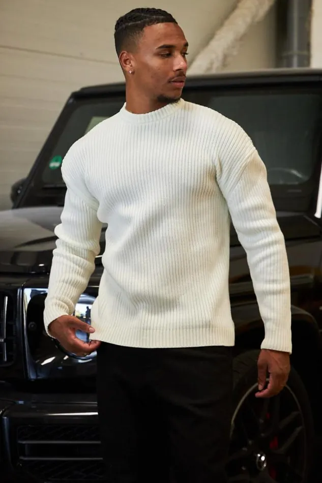 Men Pull Blanc En Maille Col Rond White Brentiny Paris Sweatshirts and Pullovers