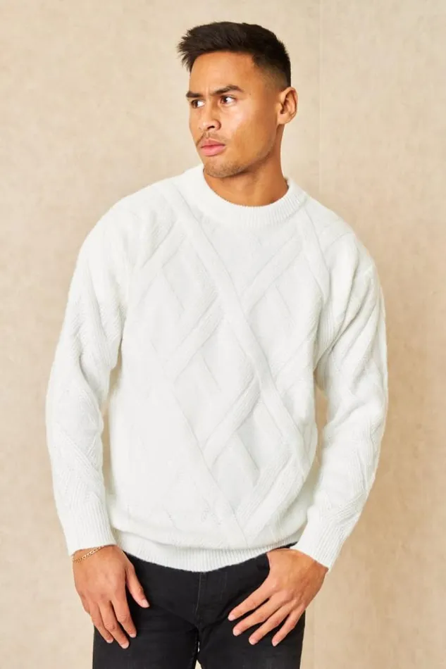 Men Pull Blanc Motif Crois Col Rond White Brentiny Paris Sweatshirts and Pullovers
