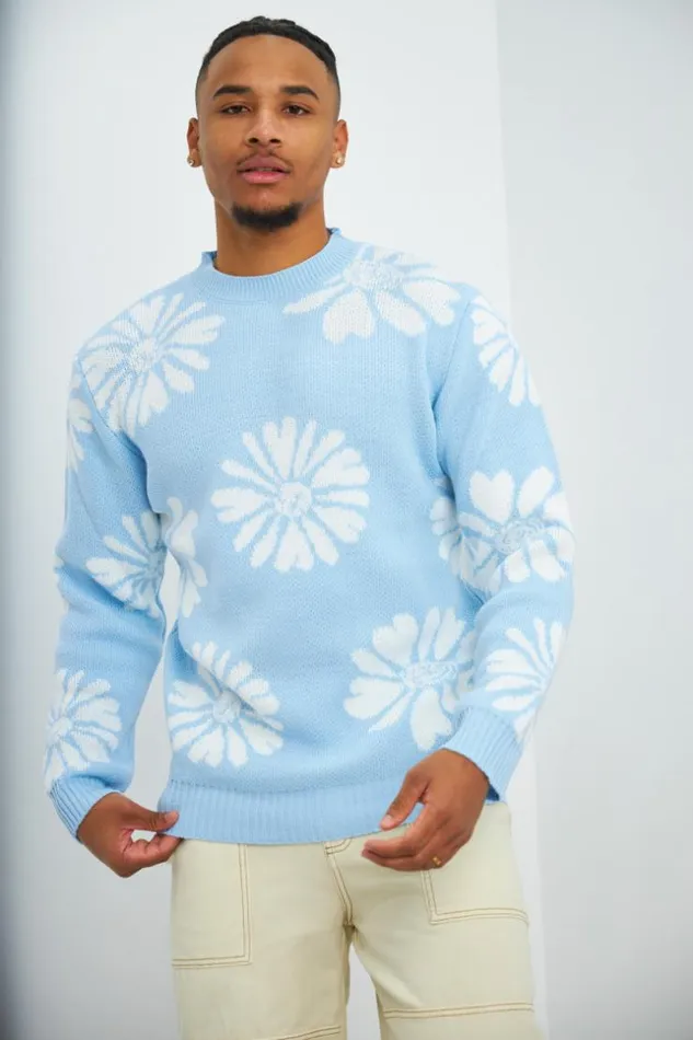 Men Pull Bleu Motif Fleur Blanche Blue Brentiny Paris Sweatshirts and Pullovers
