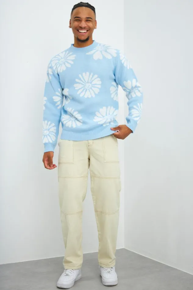 Men Pull Bleu Motif Fleur Blanche Blue Brentiny Paris Sweatshirts and Pullovers Men Pull Bleu Motif Fleur Blanche Blue Brentiny Paris Sweatshirts and Pullovers
