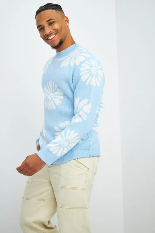 Men Pull Bleu Motif Fleur Blanche Blue Brentiny Paris Sweatshirts and Pullovers Men Pull Bleu Motif Fleur Blanche Blue Brentiny Paris Sweatshirts and Pullovers