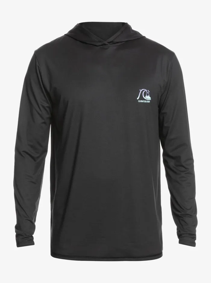 Men Quiksilver Rashguards Dredge Hooded Long Sleeve UPF 50 Surf Tee Black Heather