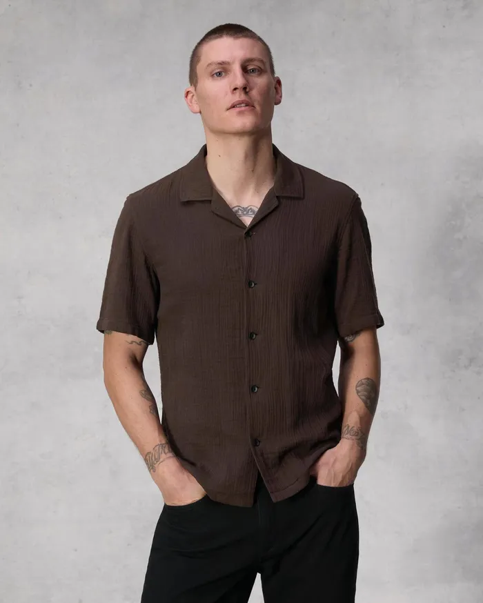 Men Rag and Bone Shirts Avery Resort Gauze Shirt Washed Brown
