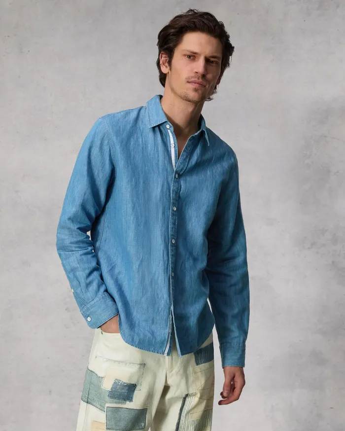 Men Rag and Bone Shirts Finch Linen Denim Shirt Lt Indigo