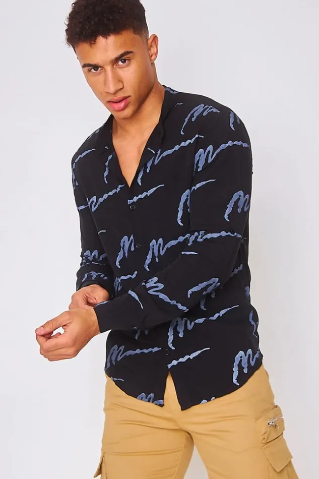 Men Shirt In Black With Grey Print Black Brentiny Paris Shirts