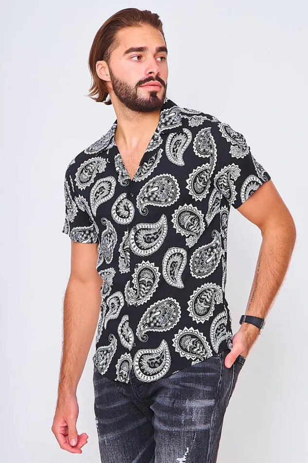 Men Short Sleeved Shirt In Paisley Print Black Brentiny Paris Shirts