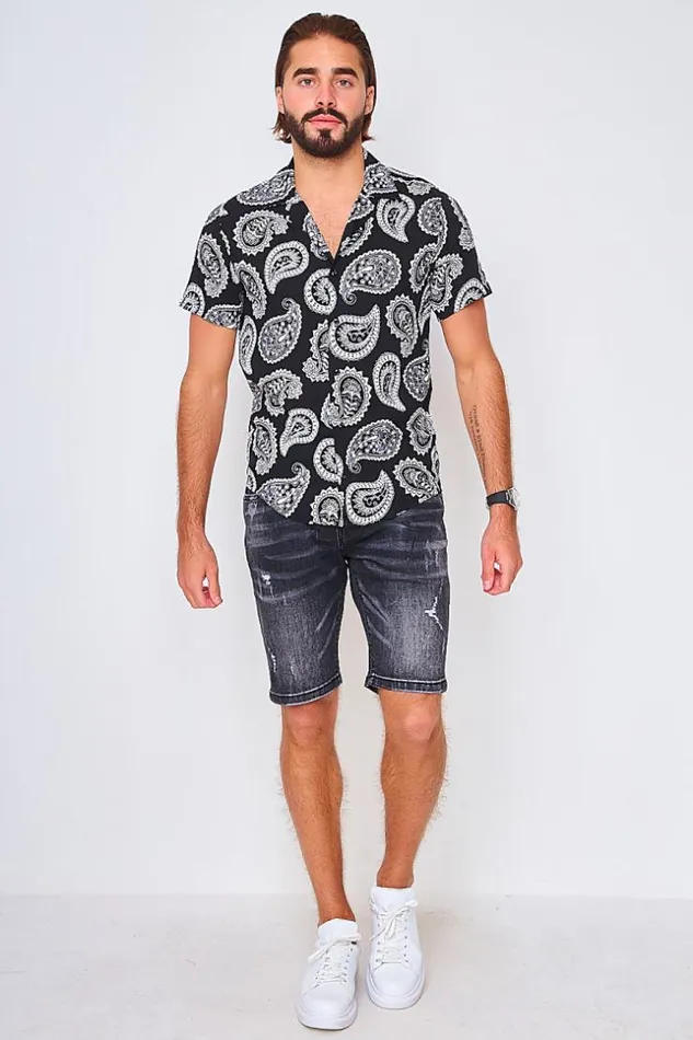 Men Short Sleeved Shirt In Paisley Print Black Brentiny Paris Shirts