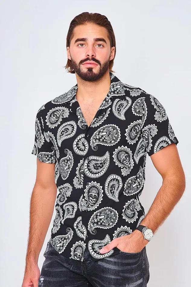 Men Short Sleeved Shirt In Paisley Print Black Brentiny Paris Shirts