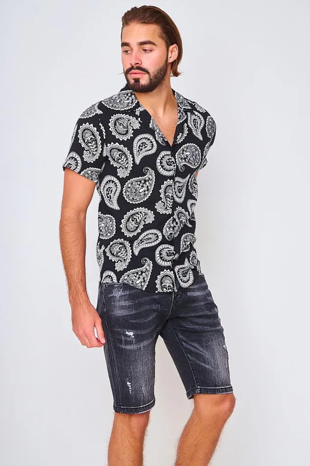 Men Short Sleeved Shirt In Paisley Print Black Brentiny Paris Shirts