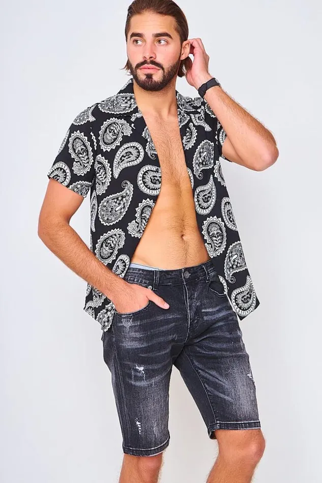 Men Short Sleeved Shirt In Paisley Print Black Brentiny Paris Shirts