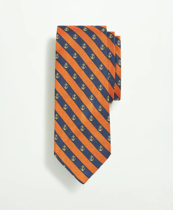 Men Silk Stripe Anchor Pattern Tie Orangenavy Brooks Brothers Ties and Pocket Squares