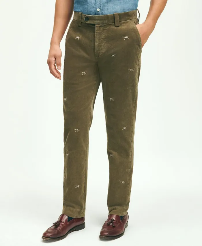 Men Stretch Cotton FineWale Corduroy Embroidered Pants Dark Green Brooks Brothers Chinos and Casual Pants